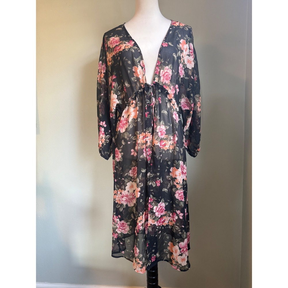 AmericanEagle Floral Kimono Duster Black Pink Sheer whimsigoth Coverup XS S boho